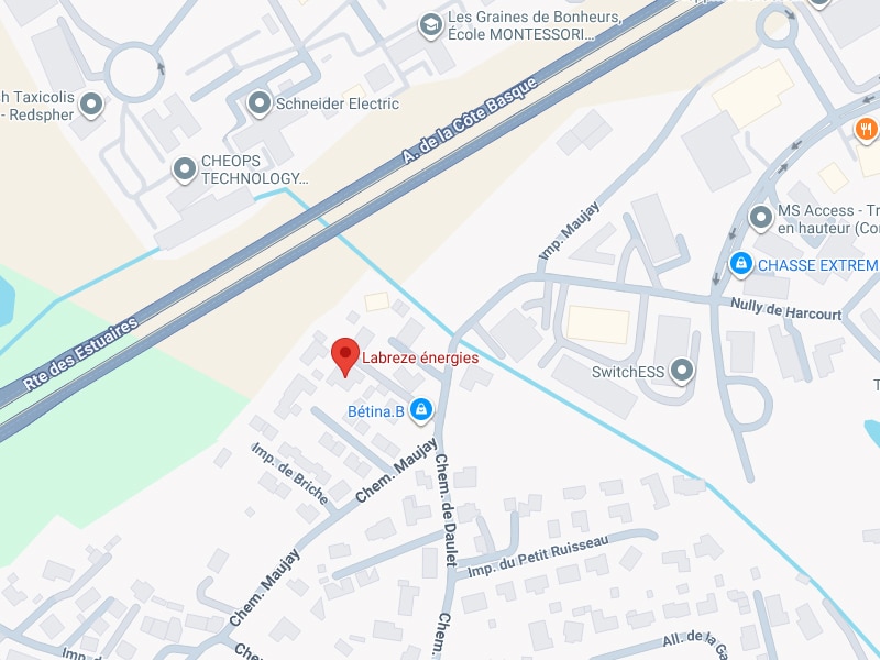 Localisation Labreze Énergies : Plan d'accès à Canéjan Carte Google Maps montrant l'emplacement de Labreze énergies près de la Route des Estuaires à Canéjan.