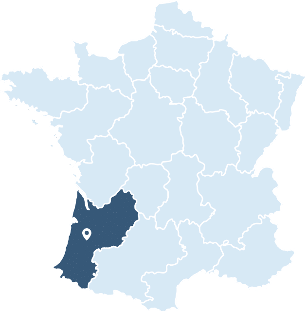 Localisation Sud-Ouest : Carte de la Région Nouvelle-Aquitaine Carte de France mettant en avant la région Nouvelle-Aquitaine avec un marqueur de localisation blanc dans le Sud-Ouest.