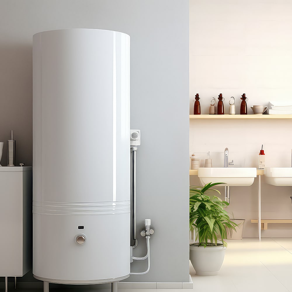 Chauffe-eau électrique moderne et design pour salle de bain Chauffe-eau électrique blanc au design épuré dans une salle de bain moderne avec une plante verte.