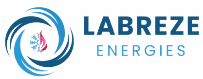 Labreze Energies : Expert en Chauffage et Climatisation Logo Labreze Energies avec tourbillon bleu, flocon et flamme, expert en chauffage et climatisation.