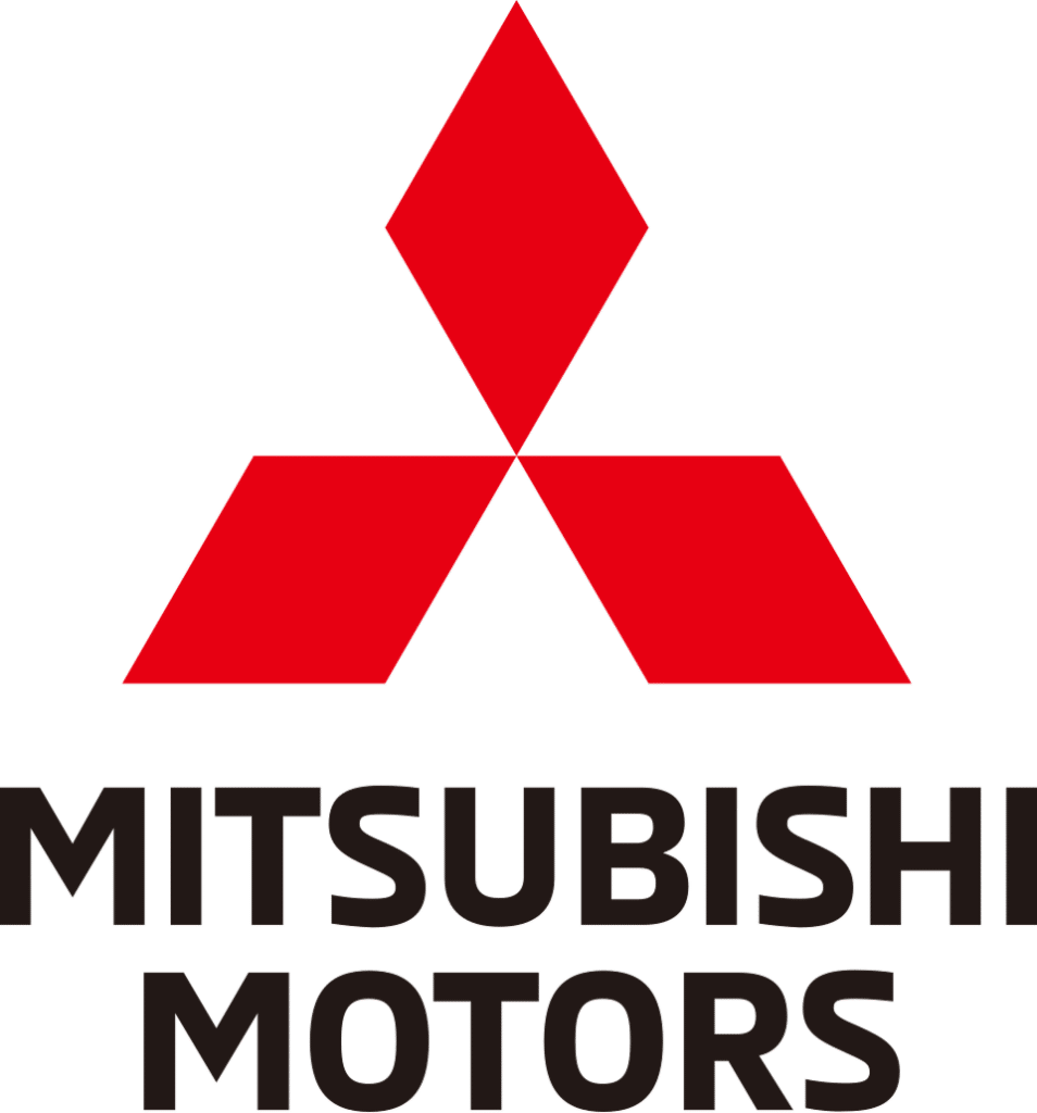 Logo Mitsubishi Motors : Les Trois Diamants Rouges Officiel Logo Mitsubishi Motors avec les trois diamants rouges au-dessus du texte de la marque en lettres capitales noires.